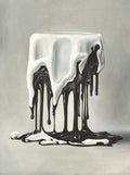 White vase with black liquid resembling blood on a gray background