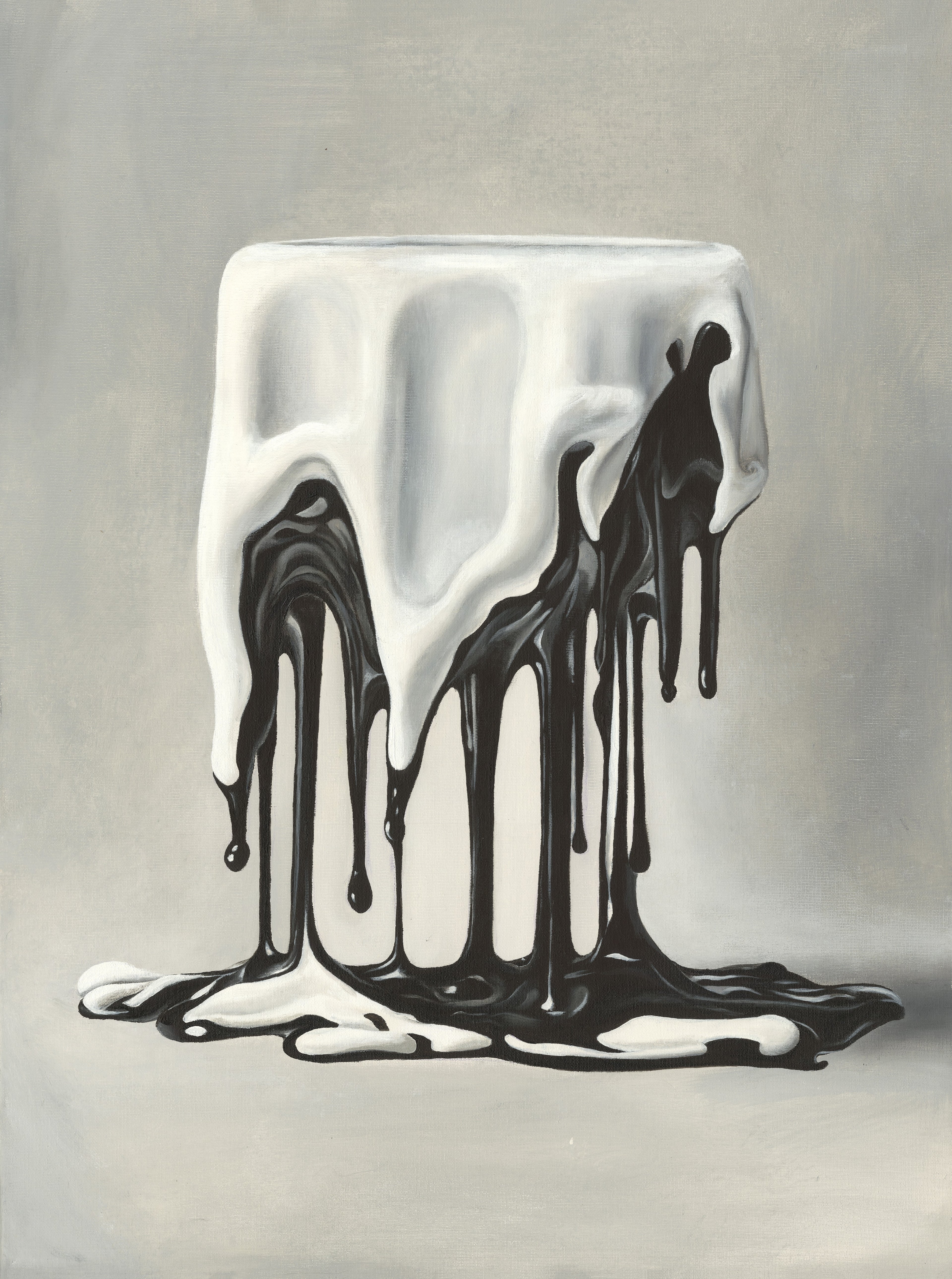 White vase with black liquid resembling blood on a gray background