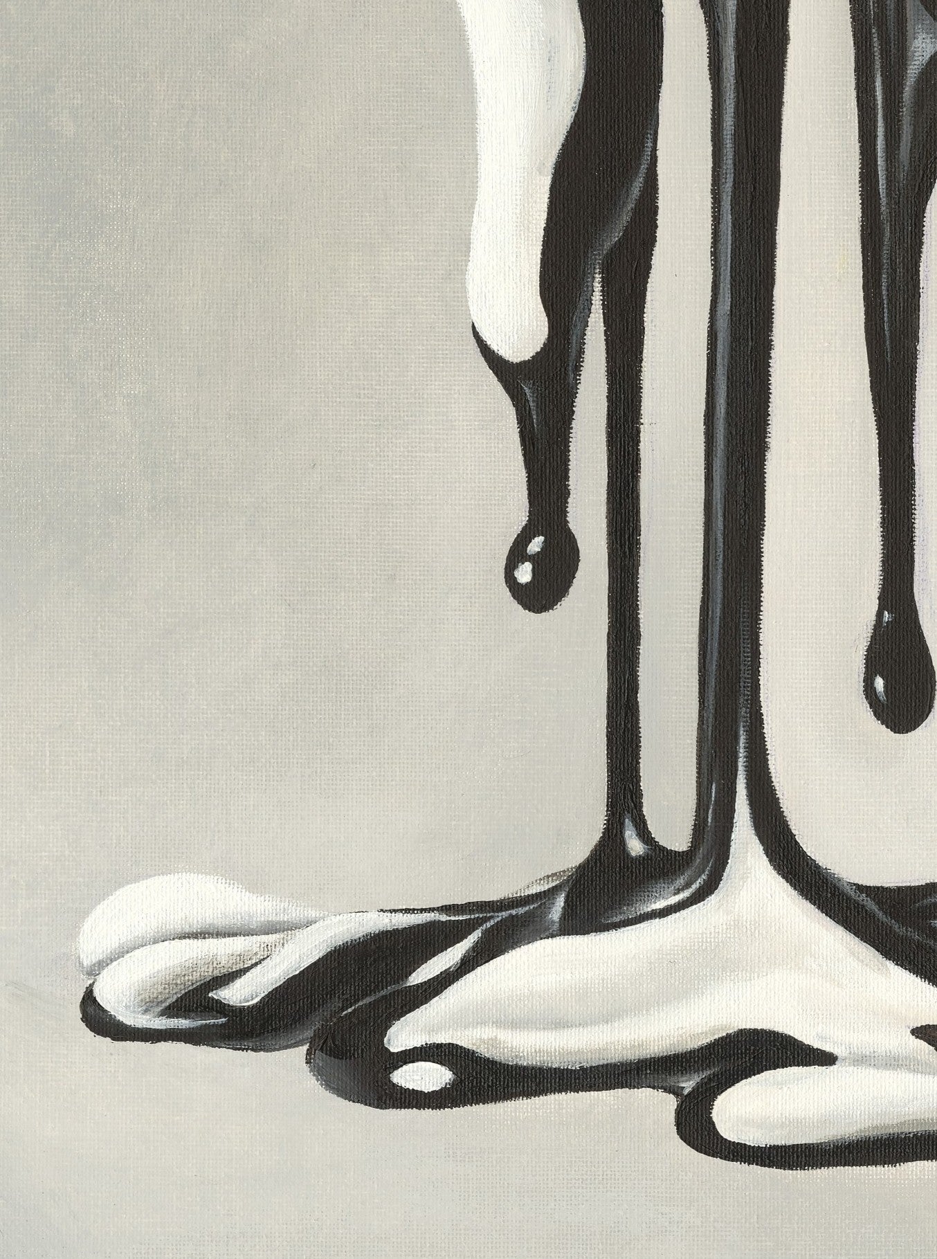 Black and white liquid art with dripping effect on a gray background