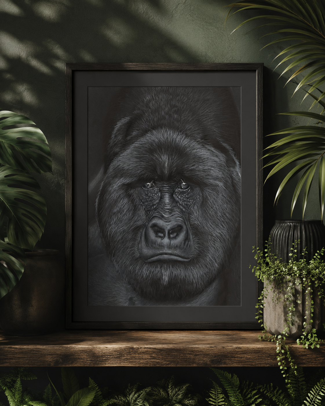 Framed artwork of a gorilla's face on a wooden shelf with greenery.