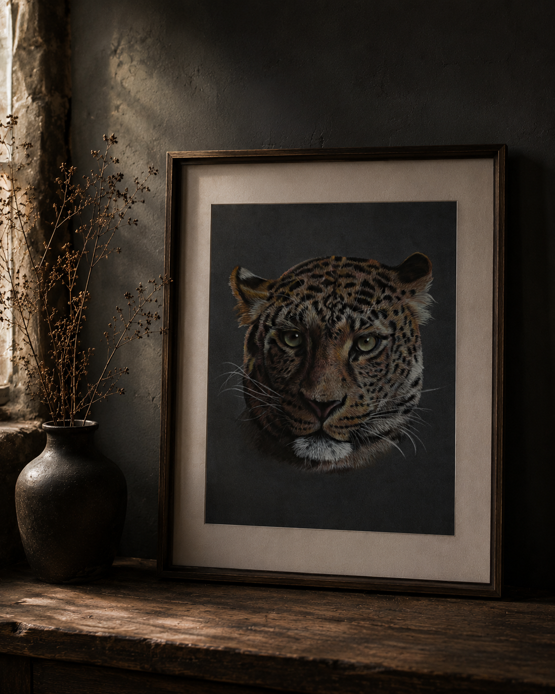 Framed artwork of a leopard on a wooden surface with a dark background