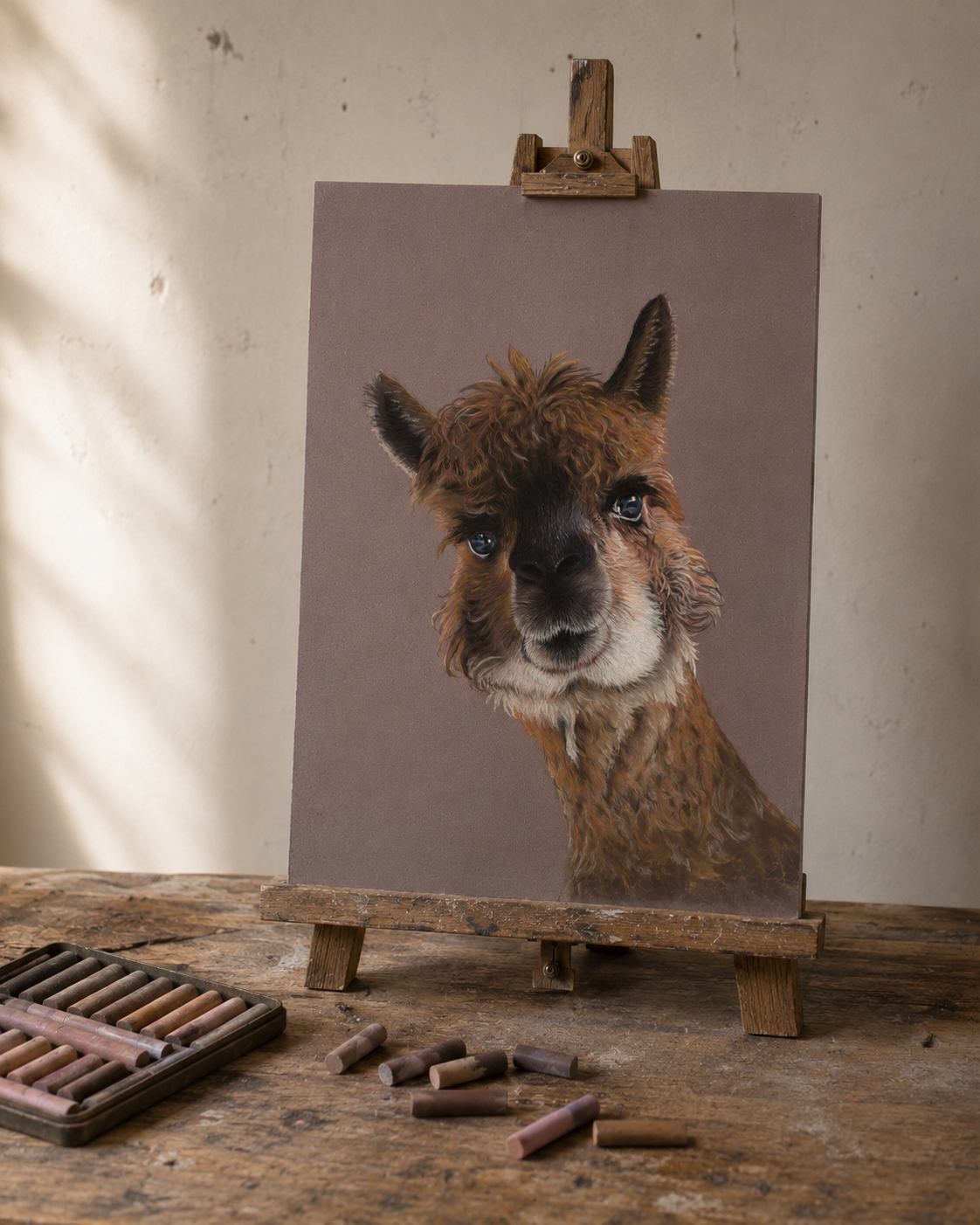 Painting of a llama on an easel with art supplies on a rustic wooden table.