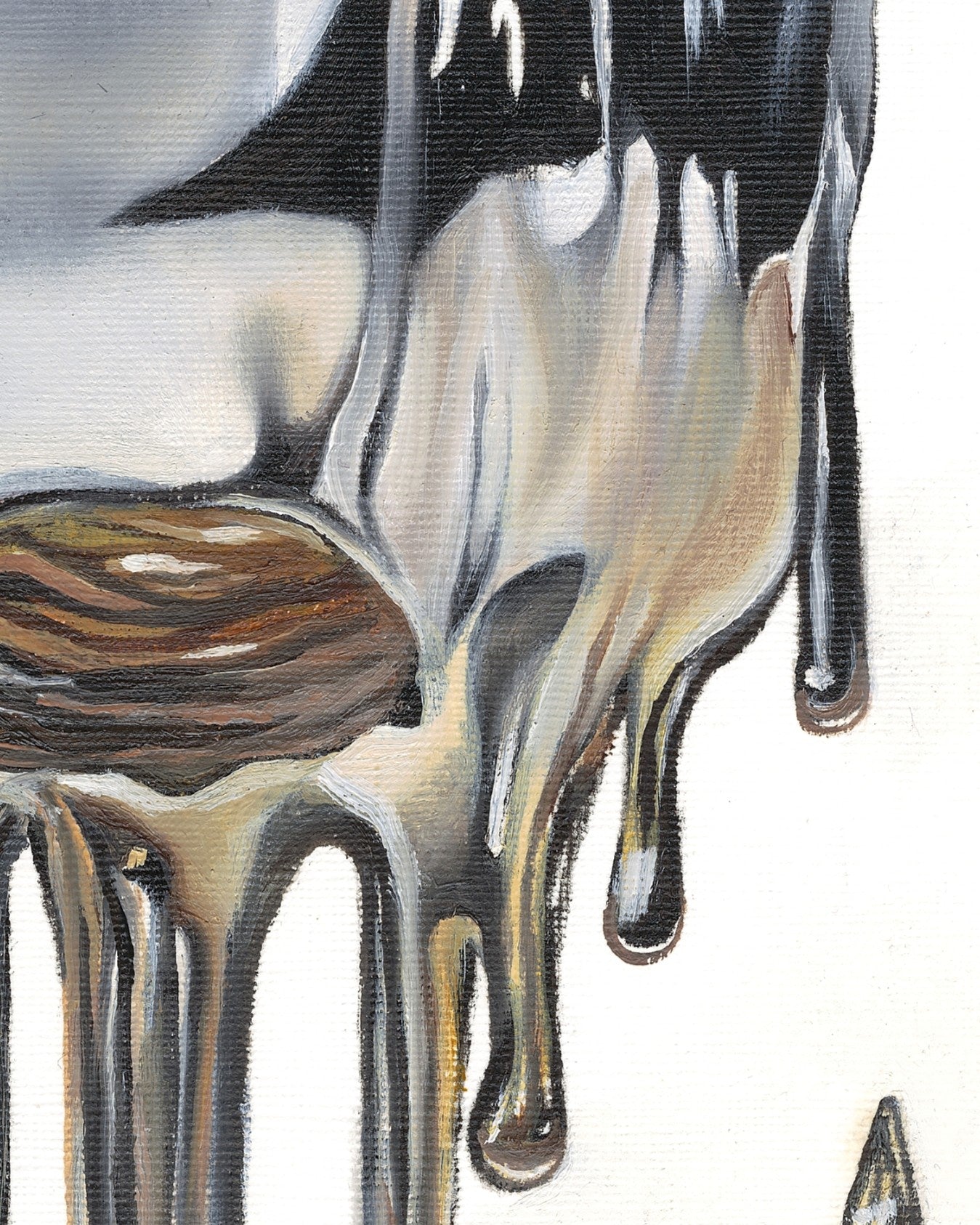 Abstract painting with black, white, and brown colors on a white background