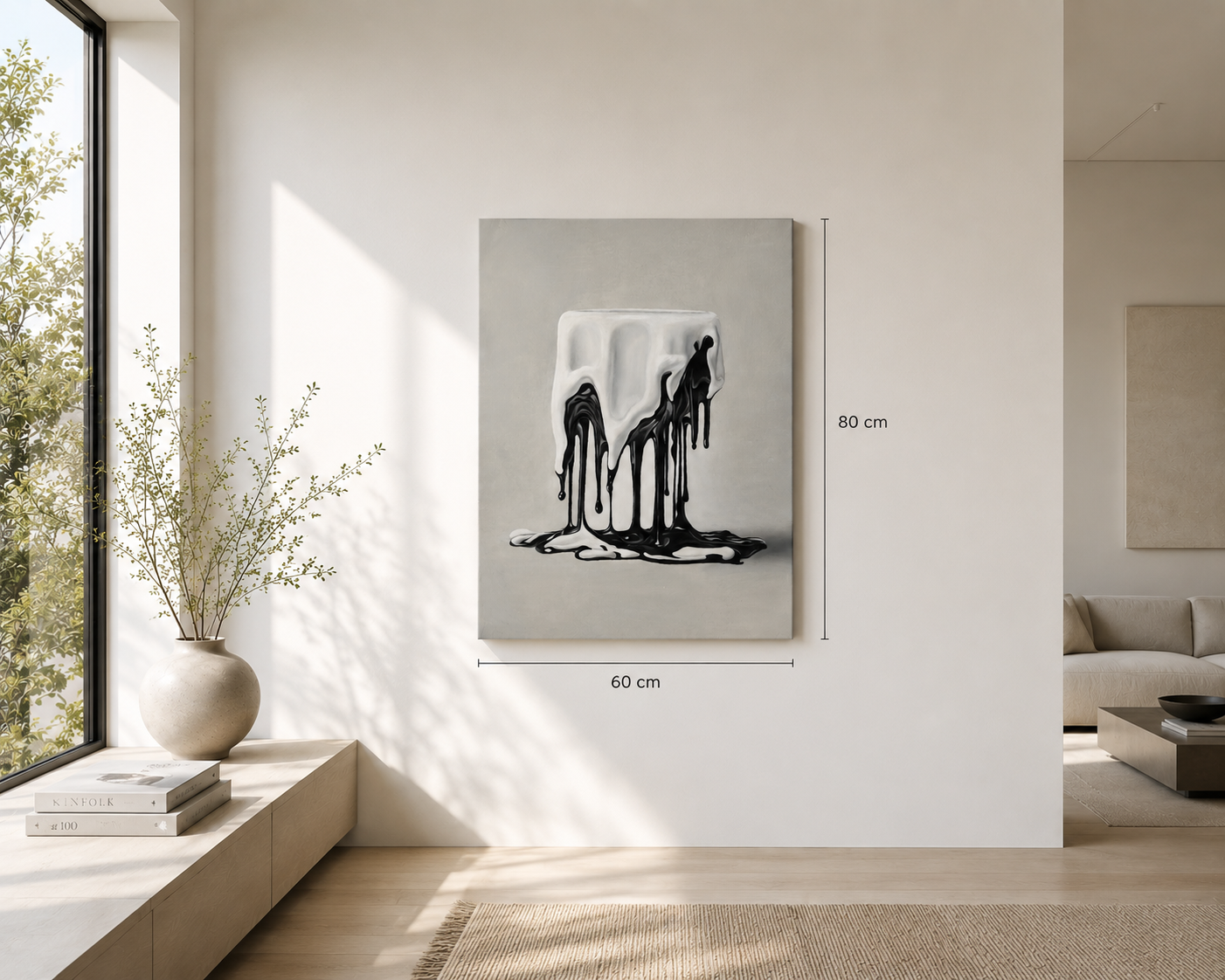 Modern interior with a framed abstract artwork on a wall, featuring dimensions.