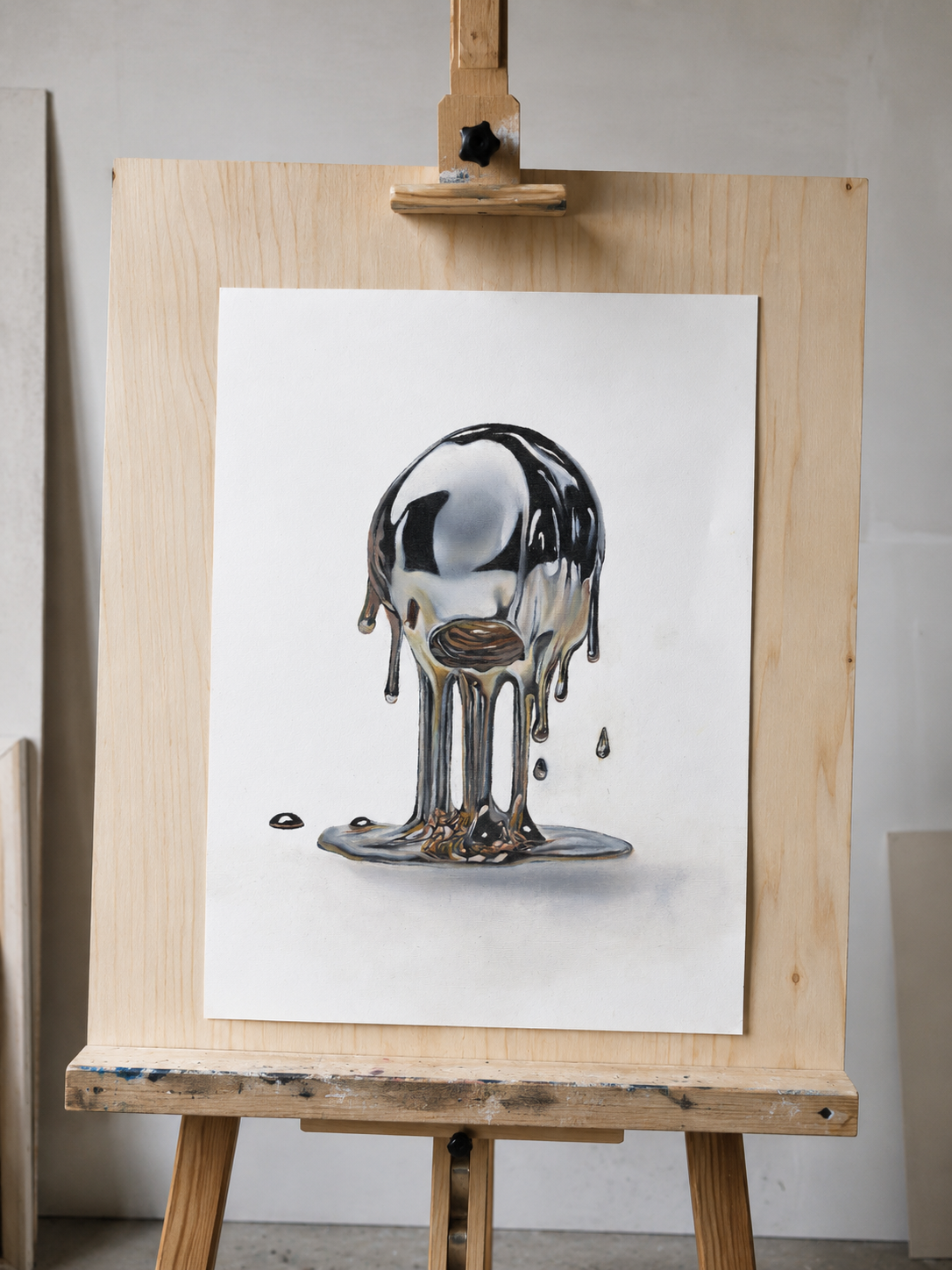 Artistic depiction of a metallic, drippy sculpture on a white background, displayed on a wooden easel.