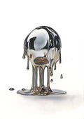 Metallic object with liquid substance dripping from it on a white background