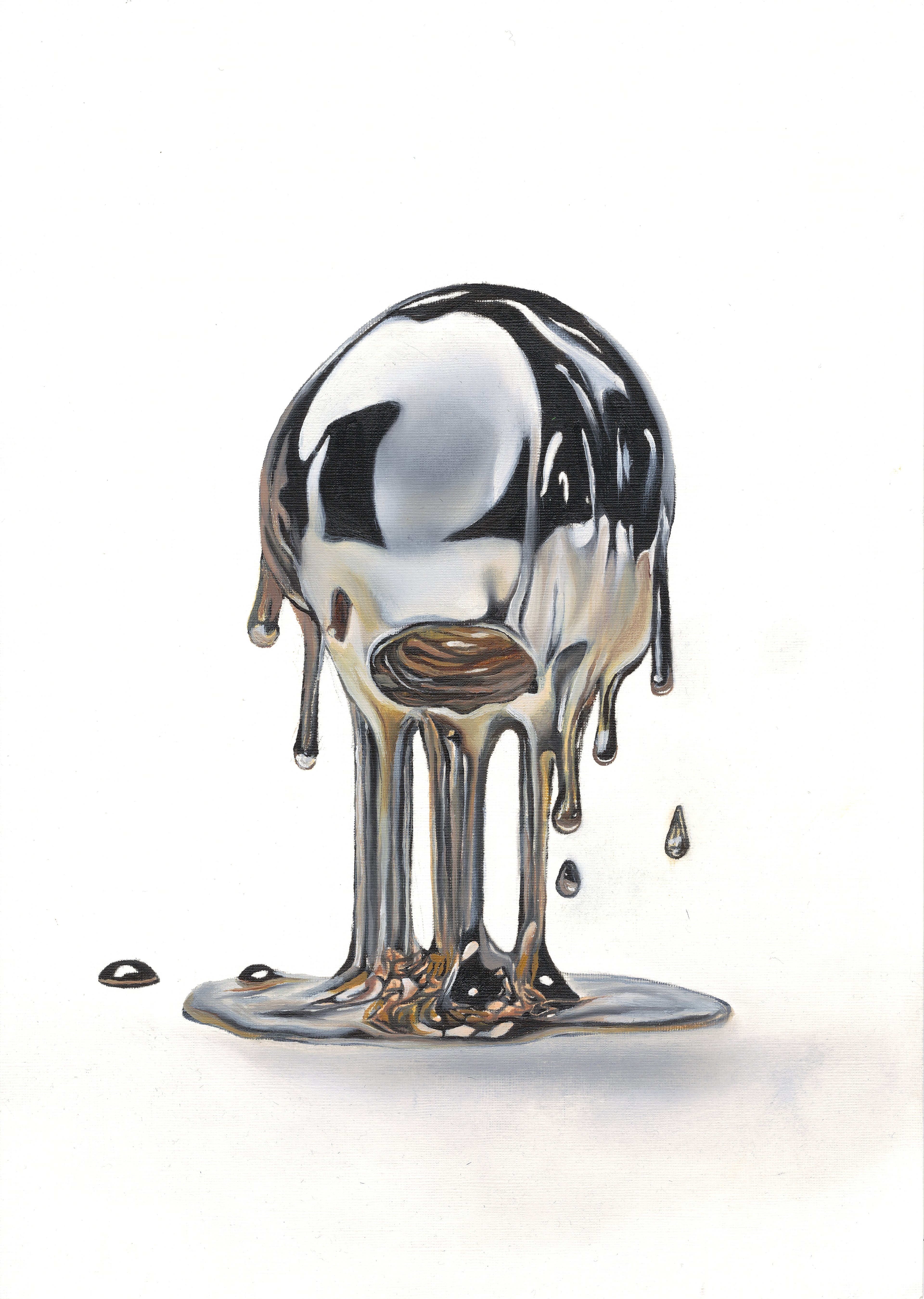 Metallic object with liquid substance dripping from it on a white background
