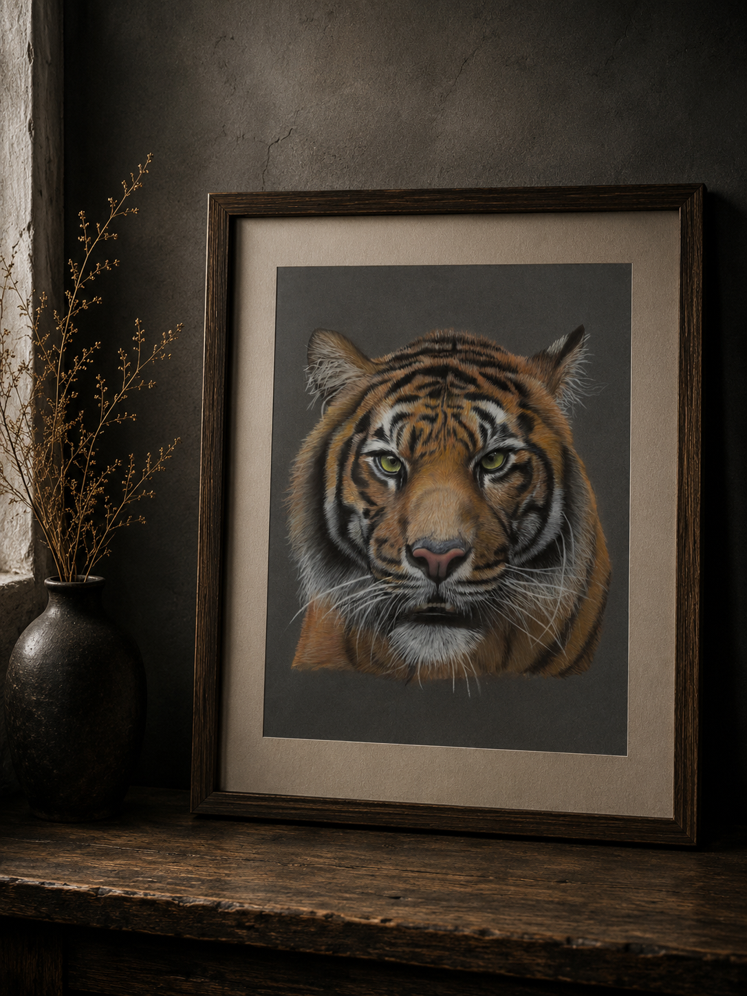 Framed artwork of a tiger's face on a dark surface with a textured wall background.