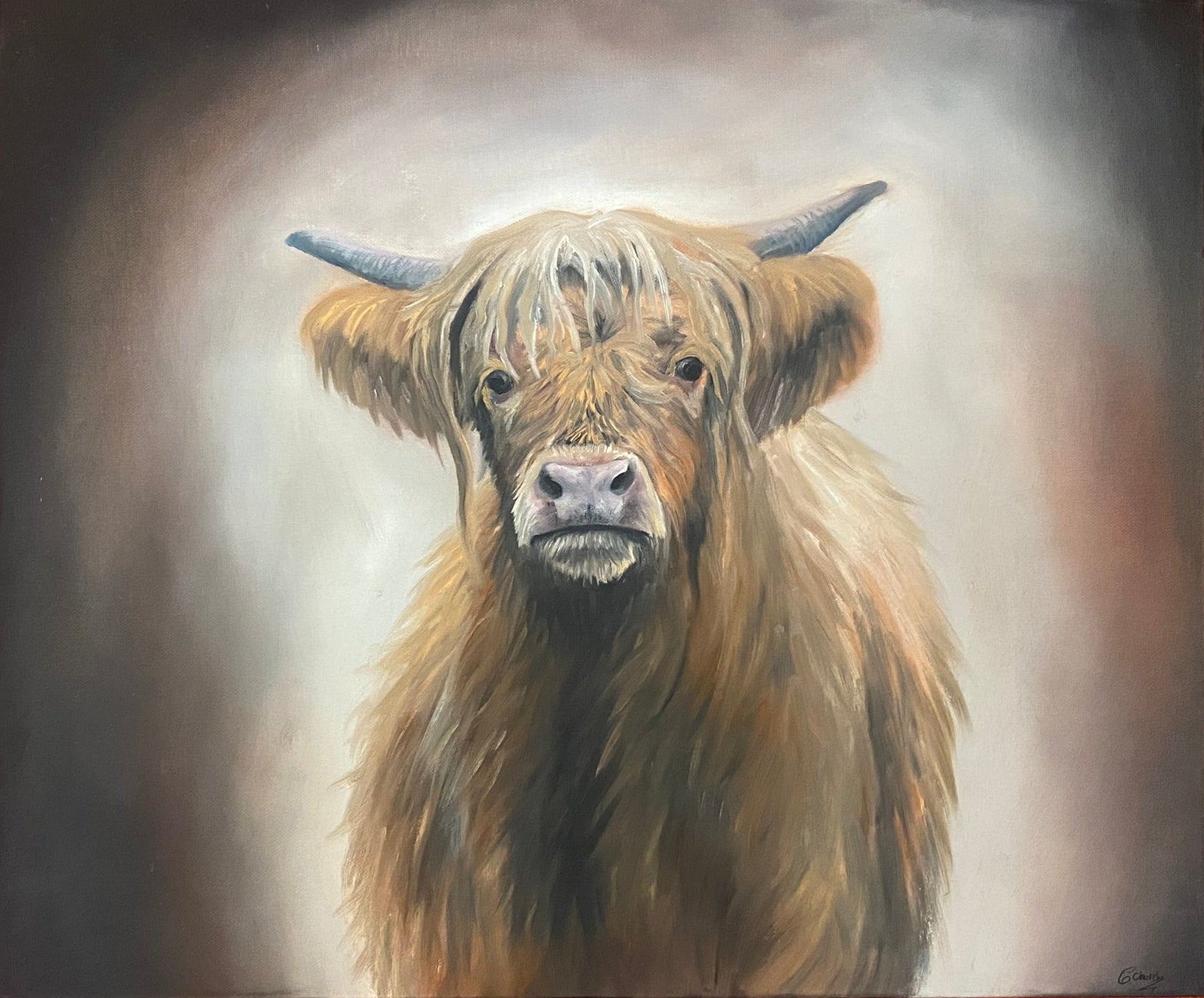Painting of a Highland cow on a textured red surface