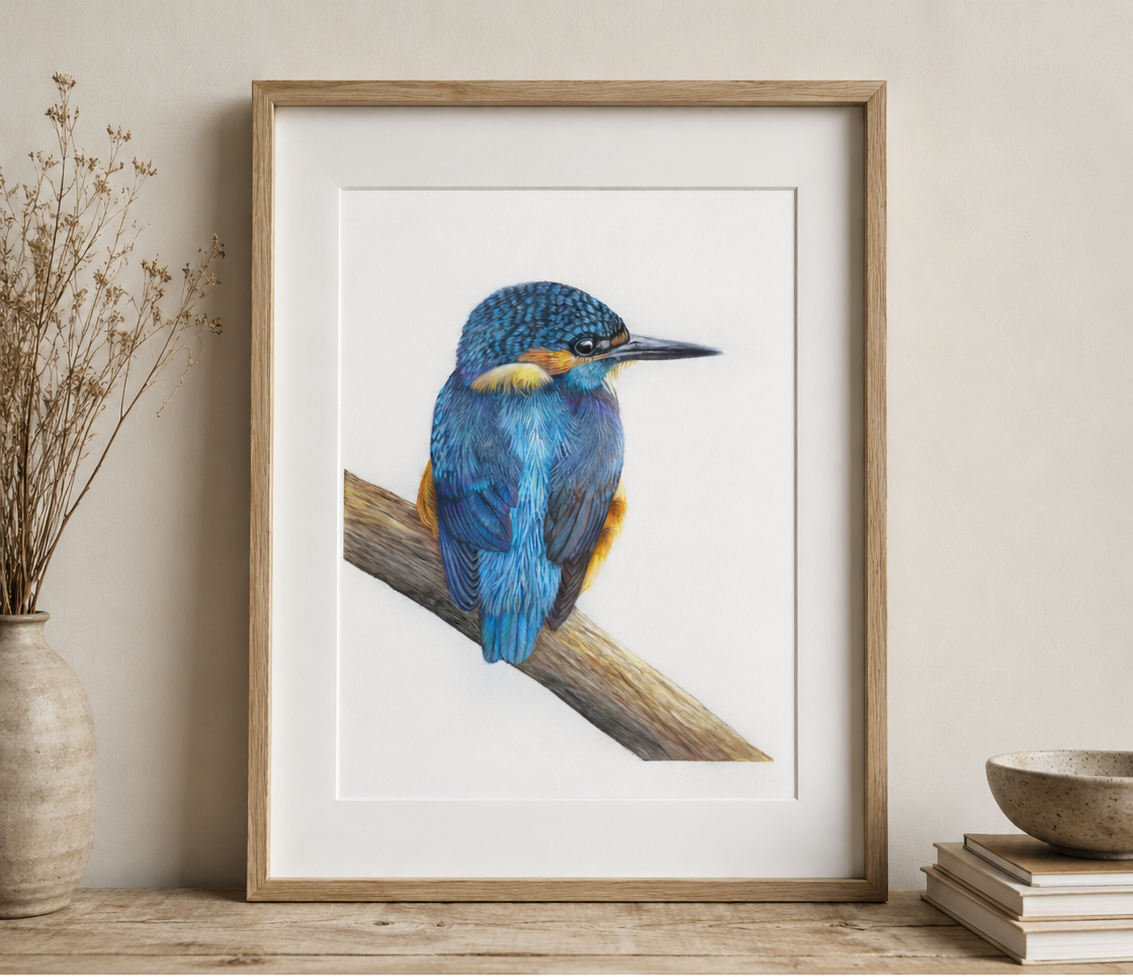Framed artwork of a blue bird on a branch in a home setting.